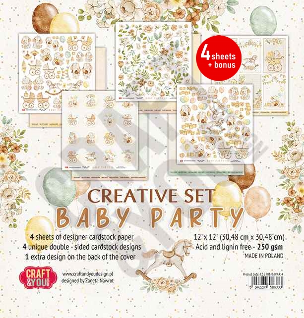 CSET01-BAPAR-4 Kreatywny zestaw papierów 30,5x30,5cm Craft&You Design - BABY PARTY