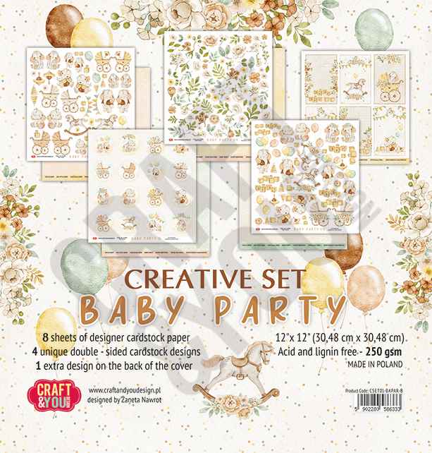 CSET02-BAPAR-8 Kreatywny duży zestaw papierów 30,5x30,5cm Craft&You Design - BABY PARTY