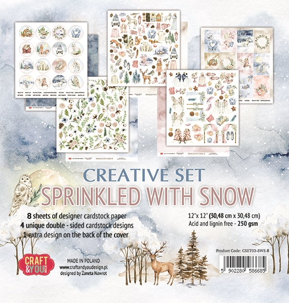 CSET04-SWS-8 Kreatywny duży zestaw papierów 30,5x30,5cm Craft&You Design - Sprinkled with Snow