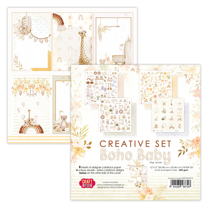 CSET06-BH-8 Kreatywny duży zestaw papierów 30,5x30,5cm Craft&You Design - Boho Baby