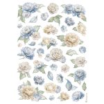 DFSA41036 Papier ryżowy Stamperia Timeless A4 Rice Paper Roses and Blue Flowers Pattern