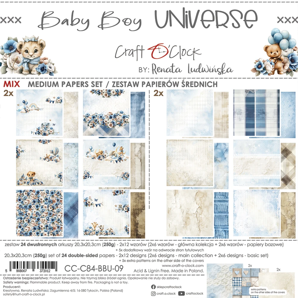CC-C84-BBU-09 BABY BOY UNIVERSE- zestaw papierów 20,3x20,3cm - MIX