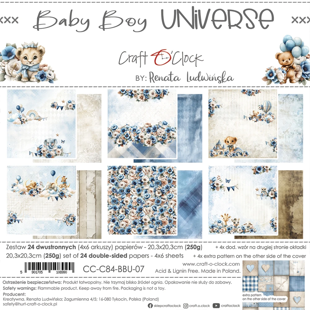 CC-C84-BBU-09 BABY BOY UNIVERSE- zestaw papierów 20,3x20,3cm - MIX