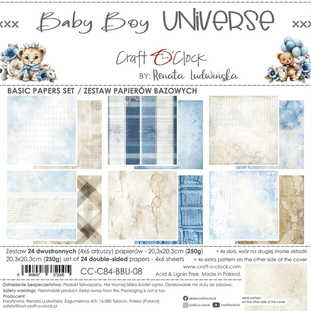 CC-C84-BBU-09 BABY BOY UNIVERSE- zestaw papierów 20,3x20,3cm - MIX