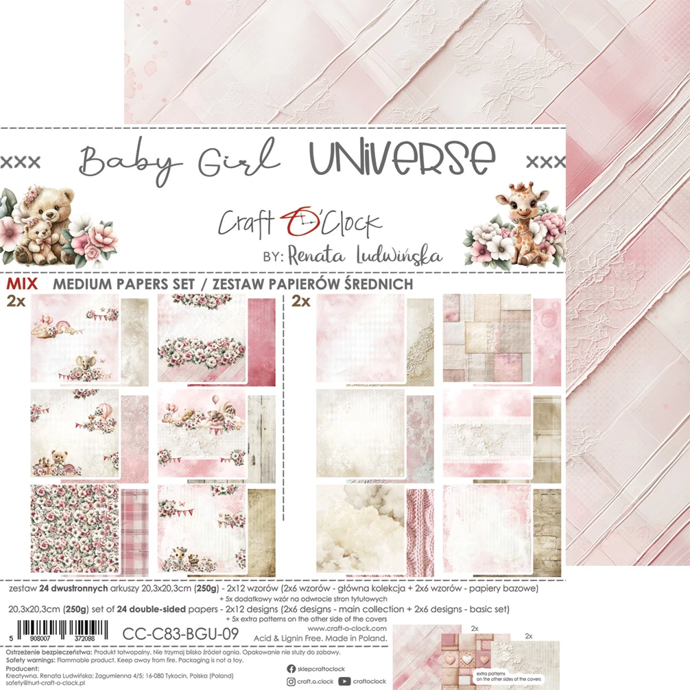 CC-C83-BGU-09 BABY GIRL UNIVERSE- zestaw papierów 20,3x20,3cm - MIX