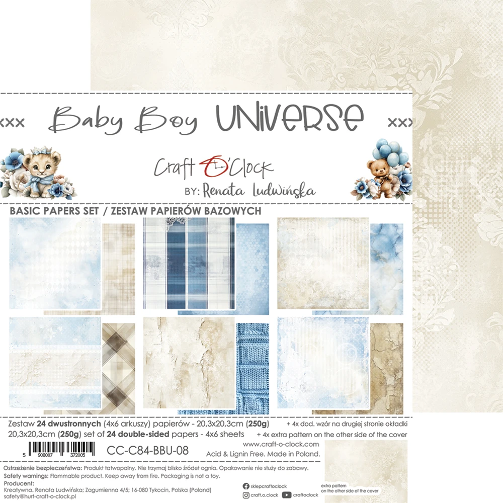 CC-C84-BBU-09 BABY BOY UNIVERSE- zestaw papierów 20,3x20,3cm - MIX