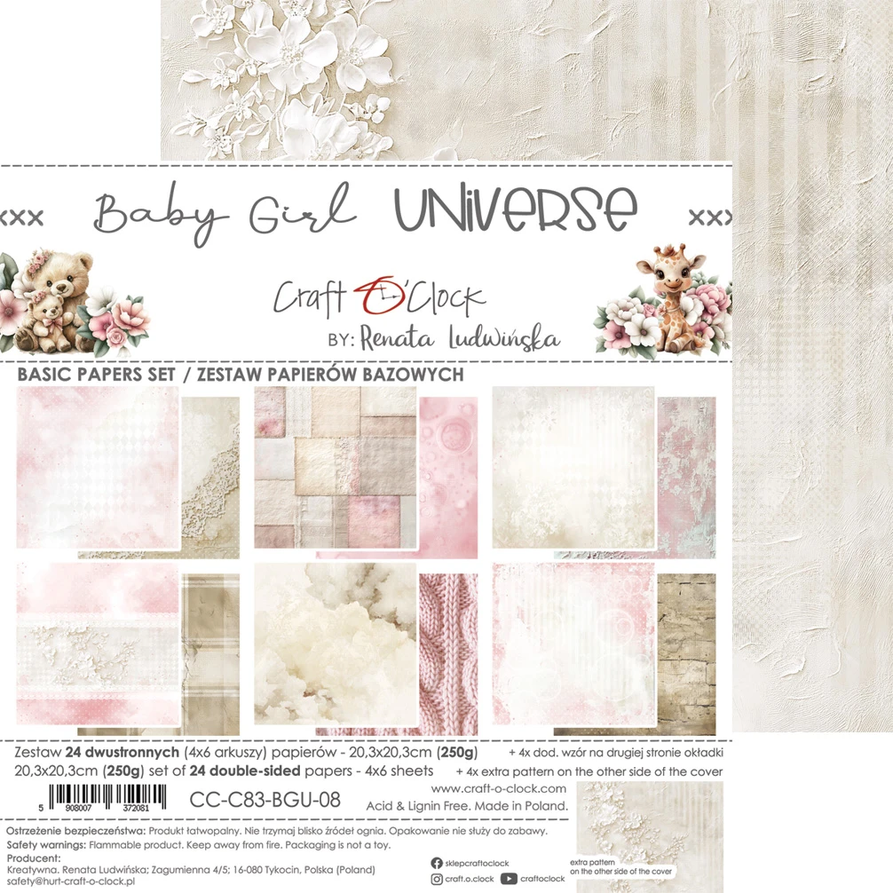 CC-C83-BGU-09 BABY GIRL UNIVERSE- zestaw papierów 20,3x20,3cm - MIX
