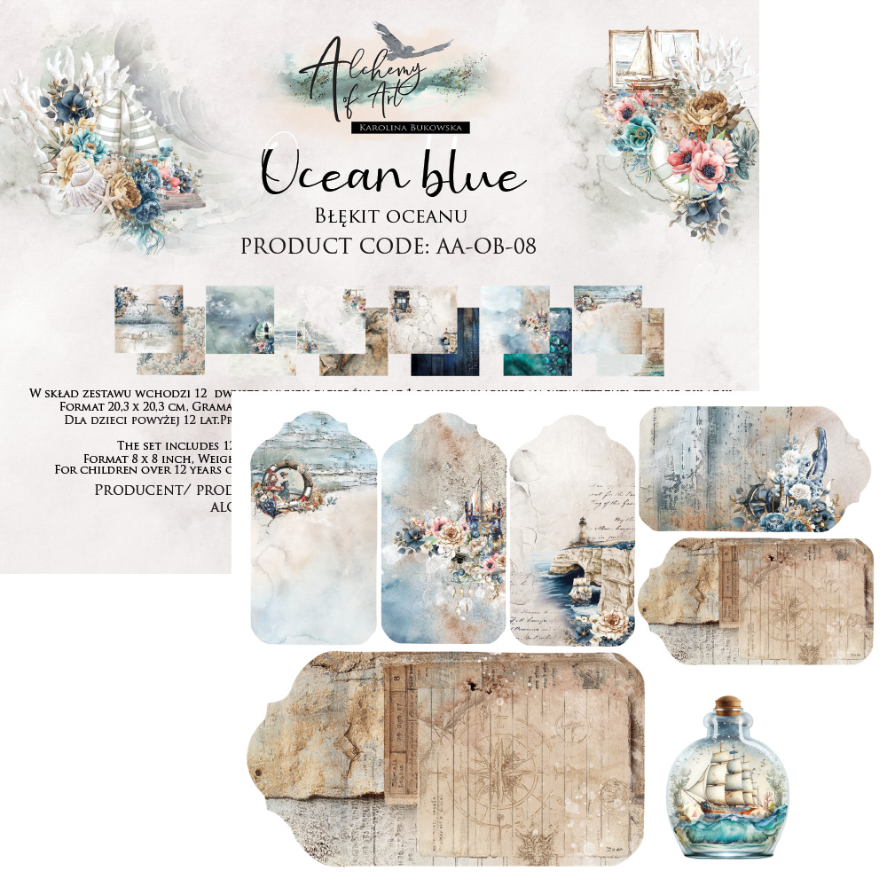 AA-OB-08 Alchemy of Art - 8x8'' - zestaw papierów 20,3x20,3cm- Ocean blue