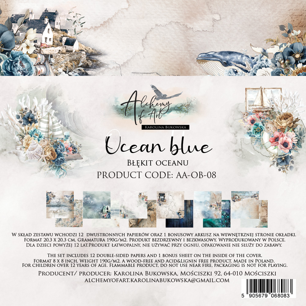 AA-OB-08 Alchemy of Art - 8x8'' - zestaw papierów 20,3x20,3cm- Ocean blue