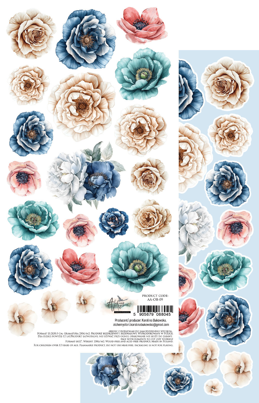 AA-OB-09 Papier dwustronny 15x30,5cm do samodzielnego wyciecia Ocean blue -KWIATY