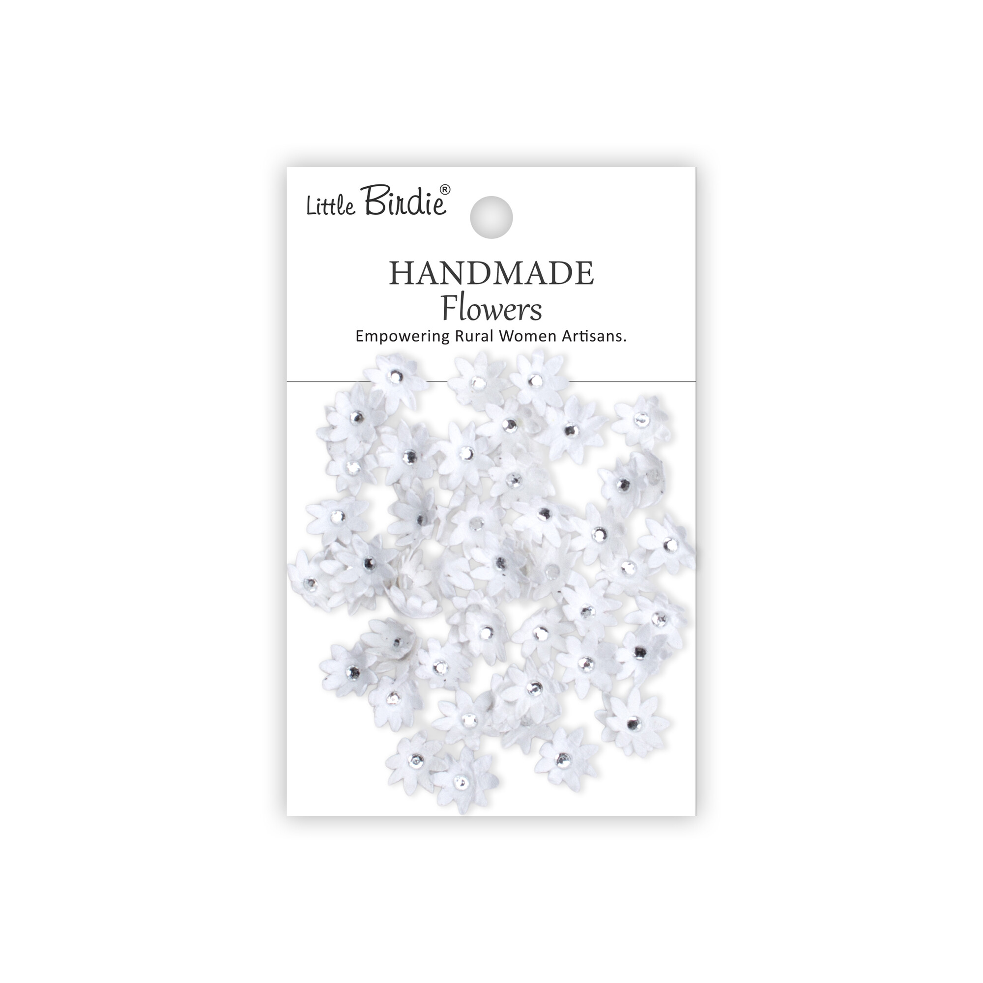 CR109988 Papierowe kwiatki - Little Birdie Handmade Printed Paper Flowers Micro Jewlled Florettes Frosty White 60szt