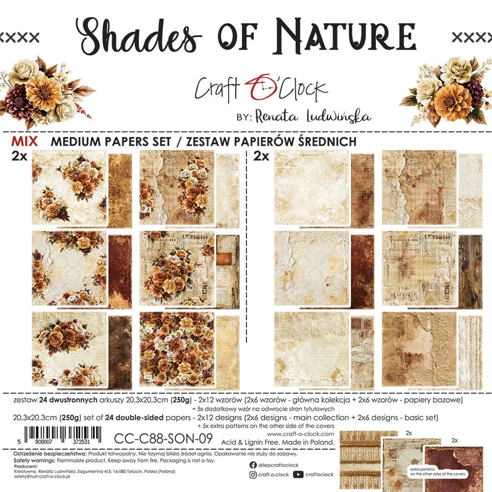 CC-C88-SON-09 *PRZEDSPRZEDAŻ -SHADES OF NATURE- zestaw papierów 20,3x20,3cm - MIX -wysyłka po 14.09.2026r.