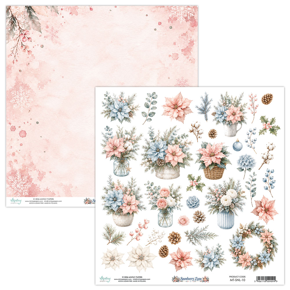 MT-SNL-10 *PRZEDSPRZEDAŻ * Snowberry Lane- Mintay -papier dwustronny z KWIATAMI 30,5x30,5cm- wysyłka po 5 października 2026