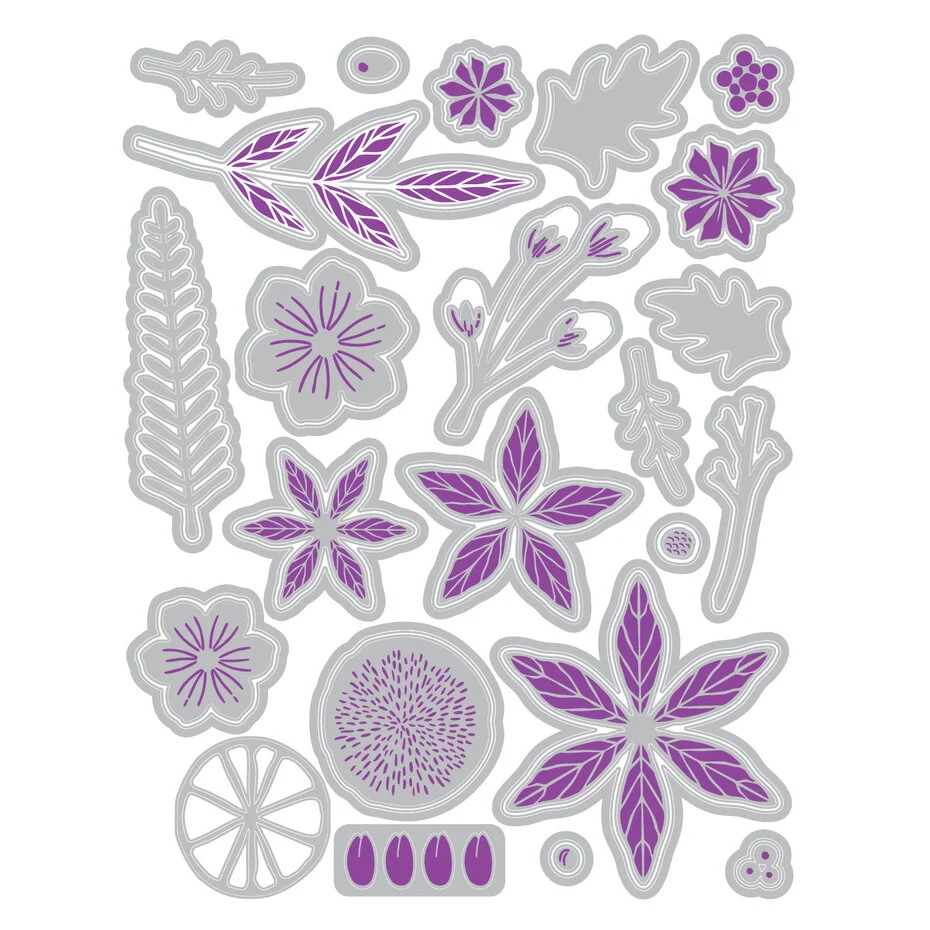Stemple i wykrojniki Sizzix – Winter Florals by Vicki Boutin, 24 stemple + 44 wykrojniki Framelits (667192)