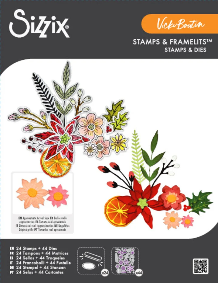 Stemple i wykrojniki Sizzix – Winter Florals by Vicki Boutin, 24 stemple + 44 wykrojniki Framelits (667192)