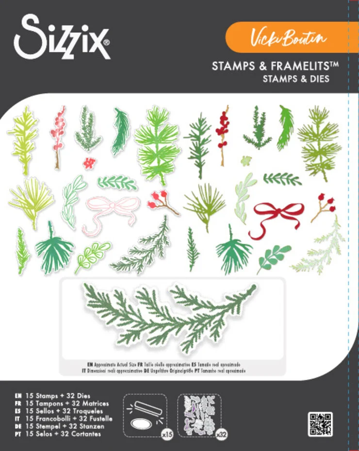 Stemple i wykrojniki Sizzix – Winter Greenery by Vicki Boutin, 15 stempli + 32 wykrojniki Framelits-zimowe gałązki (667188)