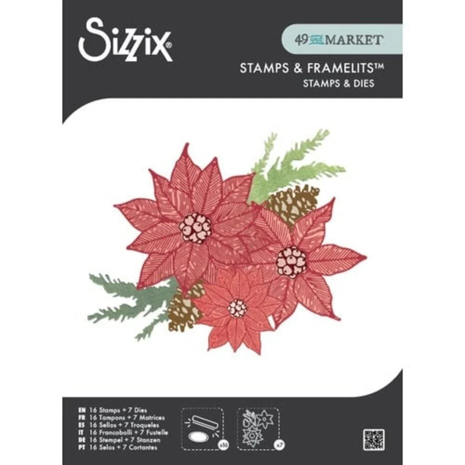 Wykrojnik i stemple zestaw A5 Sizzix Clear Stamp Set with Framelits Poinsettia Trio by 49 and Market 26szt (667015)