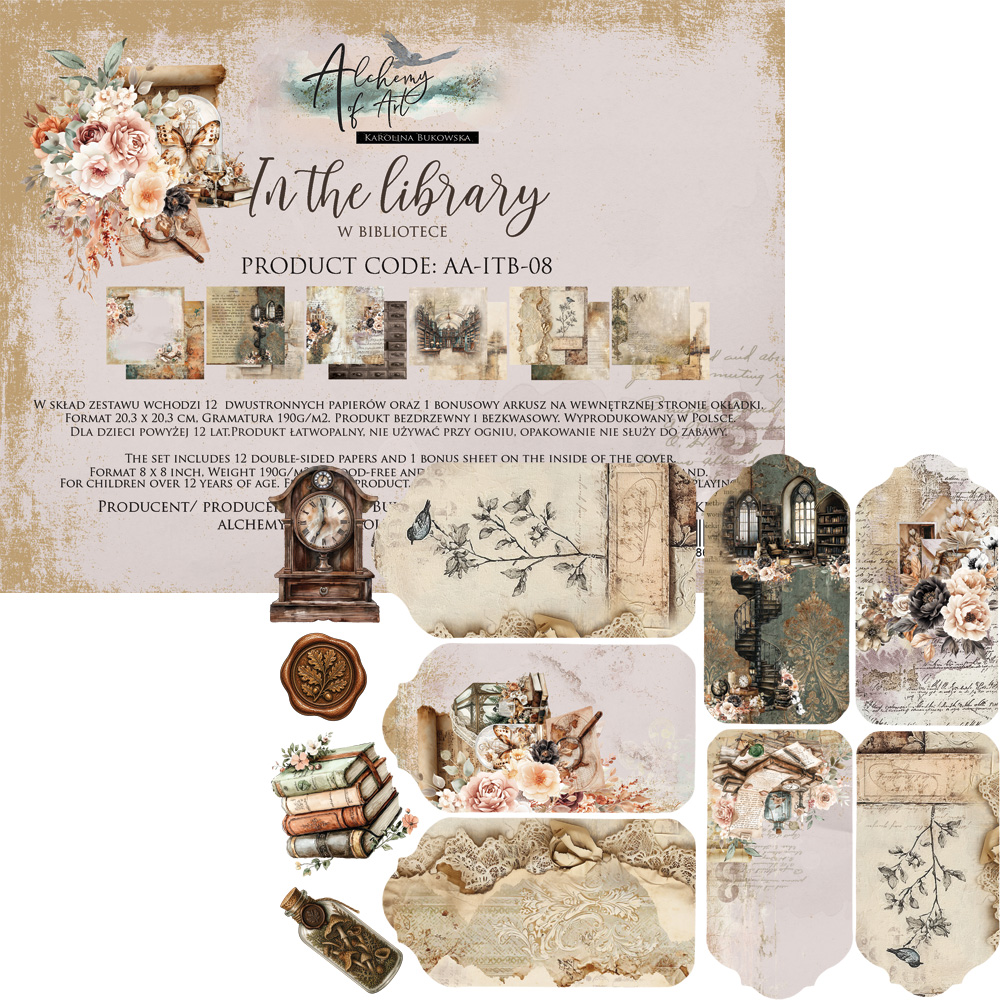 AA-ITB-08 Alchemy of Art - 8x8'' - zestaw papierów 20,3x20,3cm In the Library