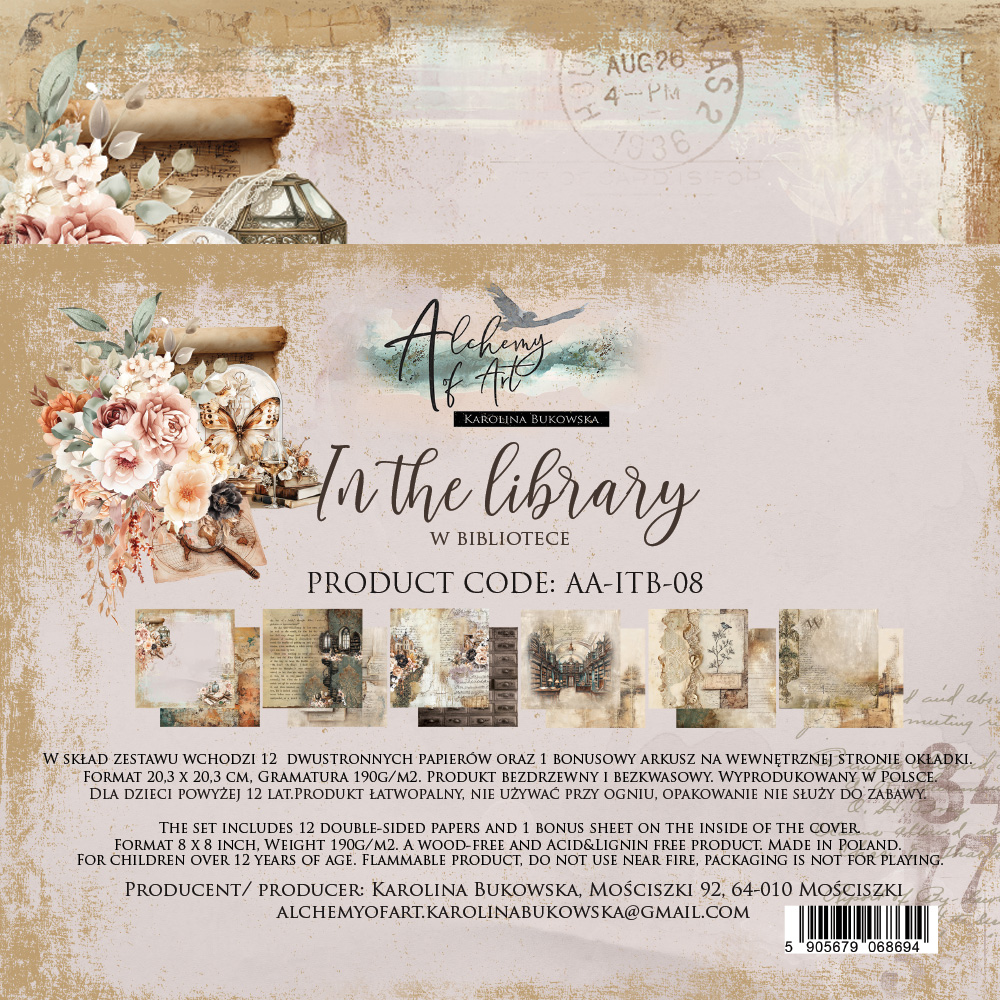 AA-ITB-08 Alchemy of Art - 8x8'' - zestaw papierów 20,3x20,3cm In the Library