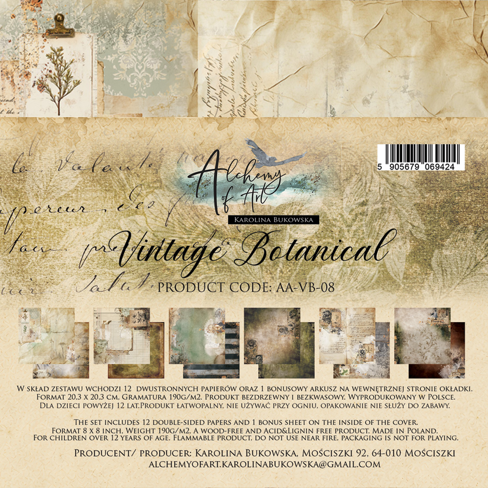 AA-VB-08 Alchemy of Art - 8x8'' - zestaw papierów 20,3x20,3cm Vintage Botanical