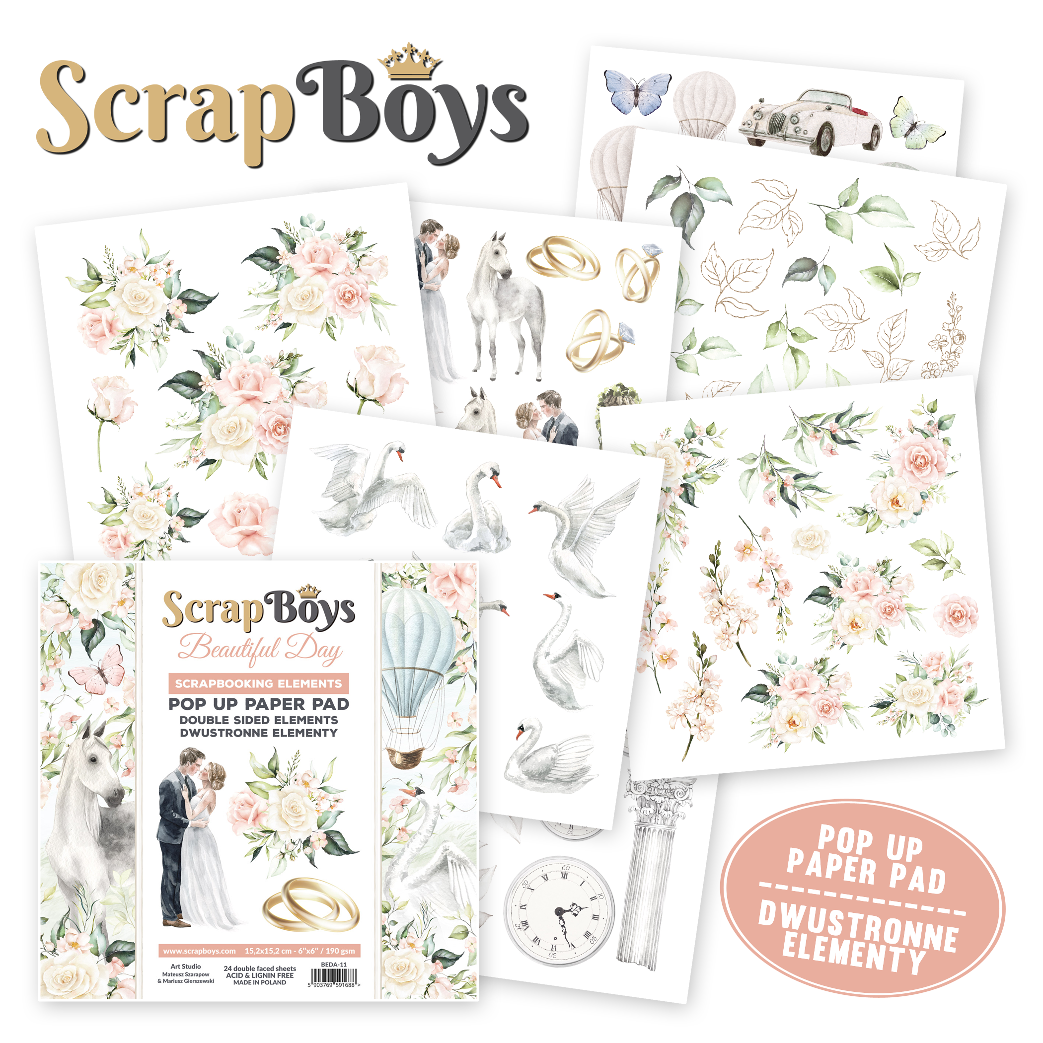  BEDA-11 Bloczek papierów Pop Up Paper pad 15,2x15,2 cm Scrap Boys - Beautiful Day