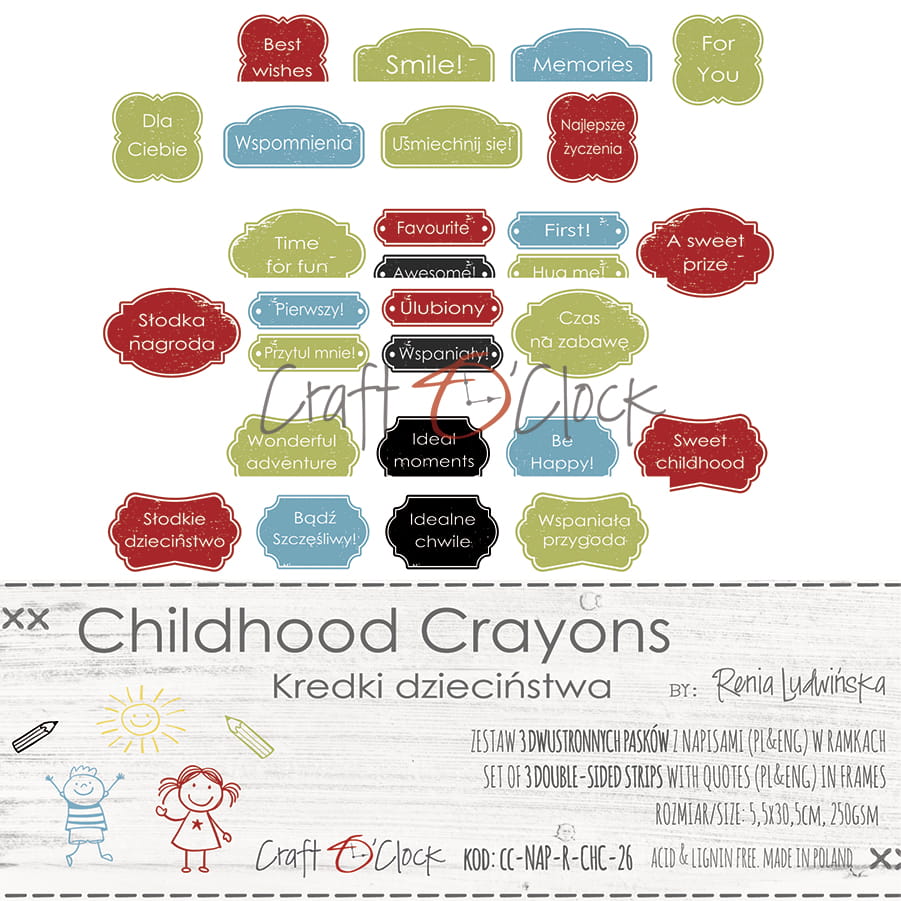  CC-NAP-R-CHC-26 CHILDHOOD CRAYONS - CYTATY W RAMKACH- zestaw pasków z napisami i dodatkami